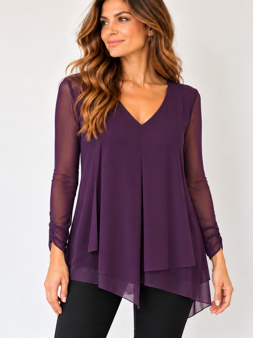 Alfani Plum Purple Sheer Mesh Layered Asymmetrical Tunic Blouse